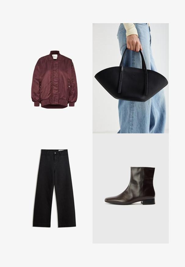 Burgunderfarbener Bomberjacke aus glattem Satinmaterial, mit klassischem Kragen, elastischen Bündchen und seitlichen Taschen mit Druckknopfverschlüssen.; Schwarzer, langärmeliger, gestrickter Pullover mit gepolsterten Schultern sowie gerippten Bündchen und Saum, dargestellt vor einem weißen Hintergrund.; Schwarze weit geschnittene Jeans mit hoher Taille, ausgestattet mit Vorder- und Hintertaschen, gesteppten Nähten und einem Knopfverschluss. Glatte Textur.; Brauner Leder-Stiefelette mit spitz zulaufender Zehe, glatter Textur, mittelhohem Absatz und schlichtem Design. Minimalistischer Stil ohne Verzierungen.; Schwarze Lederhandtasche mit einzigartiger Fächerform, ausgestattet mit flachen Griffen. Die Oberfläche hat eine genoppte Textur und ein minimalistisches Design.