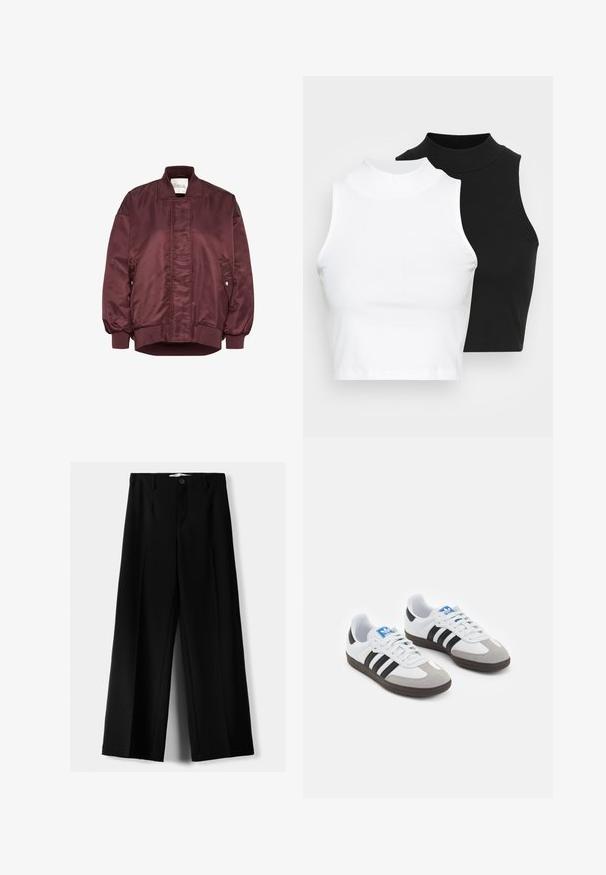 Burgundská bomber bunda z hladkého saténového materiálu, s klasickým límcem, elastickými manžetami a bočními kapsami na tlakové knoflíky.; Dvě bezrukávové halenky s ribovým stojáčkem v černé a bílé barvě, které mají přiléhavý střih a hladkou texturu, s krácenou délkou.; Černé široké kalhoty z lehkého materiálu s předním zapínáním na knoflík a hladkým předním dílem, s pečlivě přišitými lemy.; Sportovní boty s bílým koženým svrškem, šedou semišovou špičkou a třemi černými pruhy. Obsahují modré logo na jazyku a texturovanou gumovou podrážku.