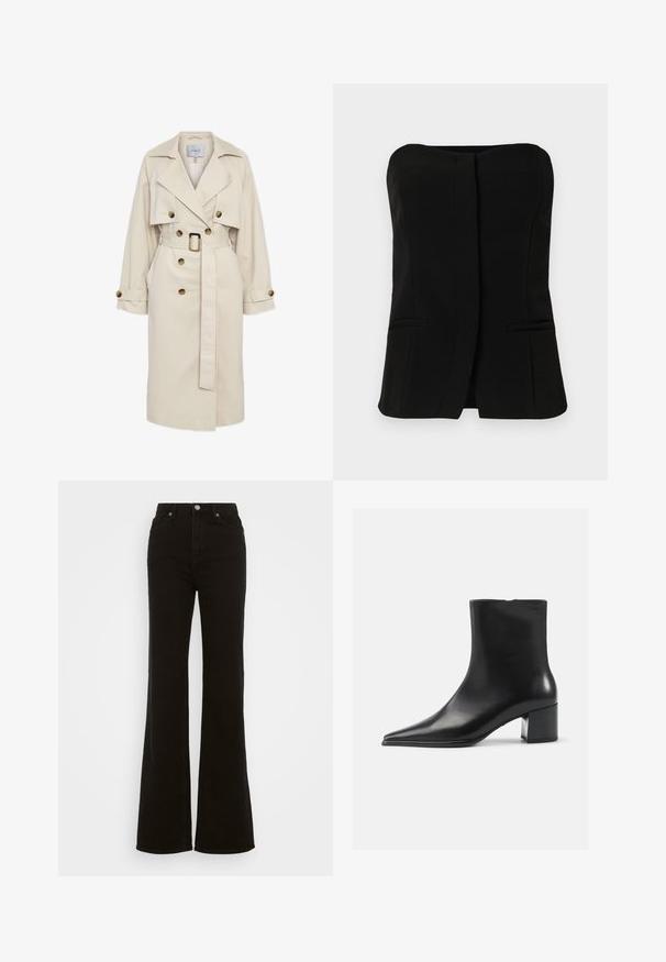 Beige trenchcoat met een ceintuur in de taille, dubbele knoopsluiting, grote revers en knoopmanchetten. Gladde stof en klassieke ontwerpelementen.; Zwarte mouwloze top met een rechte halslijn, een voorpand met knopen en twee verborgen zijzakken. Glad fabric met een getailleerd ontwerp.; Hoge taille zwarte flared jeans van denim, met een knoopsluiting, zijzakken en een gladde textuur.; Zwarte leren enkellaars met een spitse neus, een soepele textuur en een middenblokhak. Minimalistisch ontwerp, ritssluiting aan de achterkant.