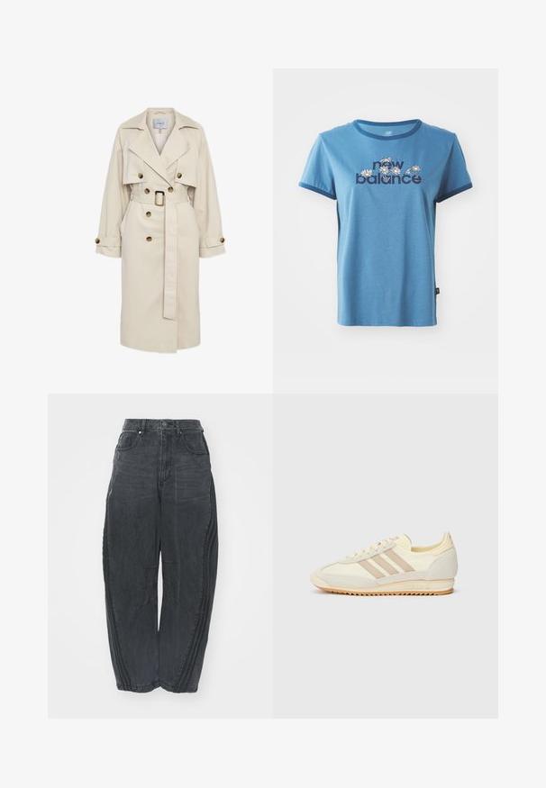 Beige trenchcoat med belte i livet, dobbeltraded front, store krager og brystlommer med knapper. Glatt stoff og klassiske designdetaljer.; Blå bomull T-skjorte med kort erme, marineblå kant, med "new balance" tekst og blomsterdesign i hvitt og gult på forsiden.; Baggy svarte denimjeans med en falmet finish, fem lommer, belteknapplukking og sømdetaljer på forsiden og sidene.; Kremfargede joggesko med tre beige striper, laget av semsket skinn og tekstilmaterialer, med en teksturert såle og preget merkevare på hælen.