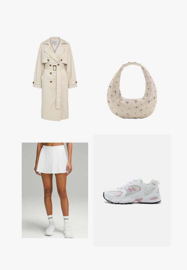Palton bej cu talie prinsă în curea, față dublu-zippată, rever mari și manșete cu nasturi. Material neted și detalii de design clasice.; Cămașă albă cu mâneci lungi, dintr-un amestec de bumbac, având un decolteu rotund și un design slim fit. Fără modele sau accente vizibile.; Fustă plisată albă cu un talie largă, având o siluetă evazată. Purtați cu adidași albi și șosete cu nervuri cu dungi negre.; Pantofi sport albi cu superior din plasă și material sintetic, accente roz, guler căptușit și talpă din cauciuc negru. Prezintă perforații vizibile și logo.; Geantă din piele bej în formă de hobo, cu ținte metalice argintii de dimensiuni variate pe exterior, și un zipp contrastant.