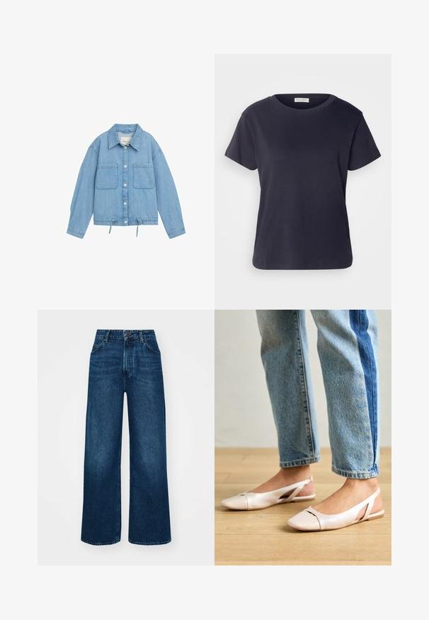 Denim jakna v svetlo modri barvi z gumbnim zapenjanjem, dvema žepoma na prsih, nastavljivim spodnjim delom s vrvico in dolgimi rokavi s podrobnostmi na manšetah.; Mornarsko modra bombažna majica s krožno ovratnikom, kratkimi rokavi in sproščenim krojem. Gladka tekstura in minimalistična zasnova, brez vidnih vzorcev.; Hlače z visokim pasom in širokimi nogavicami iz temno modrega denima z gladko teksturo, kontrastnim šivanjem in zasnovo s petimi žepi. Sprednje zapiranje na gumb.; Svijetloružičaste slingback balerinke s šiljastim nožnim prstima, napravljene od glatkog materijala nalik koži. Imaju izrezane detalje sa strane i ravne pete.