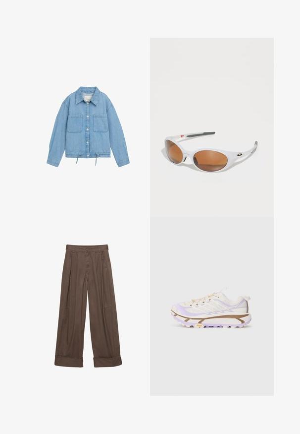 Vaaleansininen farkkutakki nappikiinnityksellä, kahdella rintataskulla, säädettävällä nyörireunalla ja pitkillä hihoilla, joissa on kaitaleet.; Valkoinen lyhythihainen t-paita, jossa on pyöreä pääntie, rento istuvuus ja hieman kaareva helma. Valmistettu sileästä ja pehmeästä kankaasta, jossa on minimaalinen sauma.; Ruske leve hlače širokega kroja iz bombaža, z gumbnim zapiranjem, gubanimi sprednjimi deli in zavihanimi robovi za sproščen videz.; Kevyt juoksukengät, joissa on kerma- ja laventelinvärinen verkkopäällinen, vahvistettu kumipohja ja erottuvat urat pitoa varten.; Valkoiset aurinkolasit ruskeilla linsseillä, soikea muoto, valmistettu sileästä muovista, jossa on harmaita yksityiskohtia varsissa ja logo kehysosassa.