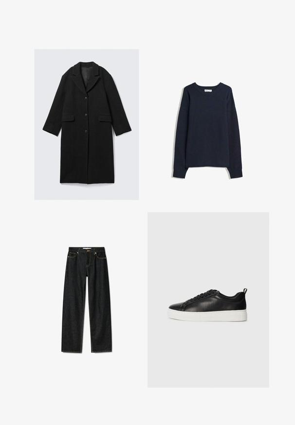 Cappotto di lana nera con colletto a punta, tre bottoni e due tasche frontali, caratterizzato da una silhouette dritta e maniche leggermente accorciate.; Maglione blu navy con scollo a V, maniche lunghe, polsini e orlo a costine. Realizzato in morbido materiale lavorato a maglia, presenta una vestibilità comoda e un design minimalista.; Jeans in denim scuro con un design a gamba dritta, chiusura a bottone in ottone e cuciture gialle a contrasto. Presentano cinque tasche e una vestibilità classica.; Sneaker in pelle nera a punta bassa con lacci neri e suola in gomma bianca spessa, vista dal lato esterno su uno sfondo bianco.