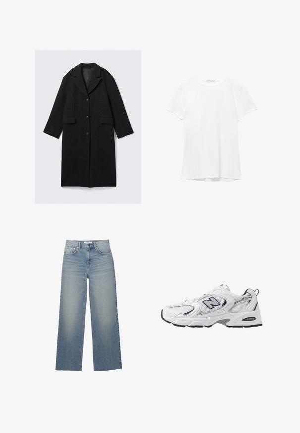 Schwarzer Wollmantel mit Reverskragen, drei Knöpfen und zwei Fronttaschen, mit gerader Silhouette und leicht gekürzten Ärmeln.; Weißes T-Shirt mit kurzen Ärmeln aus glatter Stoffqualität, mit rundem Ausschnitt und dezenten Nähten am Saum.; Helle blaue weit geschnittene Jeans aus Denim mit hoher Taille, vorderen Taschen und einem Knopfverschluss. Glatte Textur mit ausgewaschenen Stellen.; Weißer Sportschuh mit Mesh-Obermaterial, navyblauen Akzenten und gepolsterter Sohle. Verfügt über das "N"-Logo, Schnürsenkel und eine strukturierte Detailverarbeitung an der Seite.
