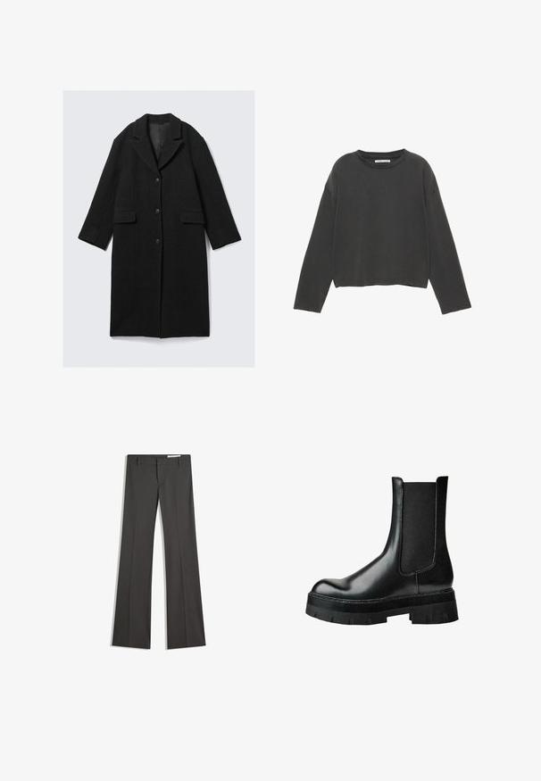 Czarny wełniany płaszcz z otwartym kołnierzem, trzema guzikami i dwoma przednimi kieszeniami, o prostym kroju i lekko skróconych rękawach.; Czarny krótki, długi rękaw t-shirt z miękkiego bawełnianego materiału. Posiada okrągły dekolt oraz widoczne szwy wzdłuż krawędzi.; Szare spodnie w fasonie dzwonów, wykonane z gładkiego materiału, z płaskim przodem, paskami do paska oraz skrojonym krojem o czystych liniach.; Czarny skórzany botek na kostkę z elastycznym bokiem, okrągłym noskiem, masywną podeszwą na platformie oraz teksturowaną cholewką dla lepszej przyczepności.