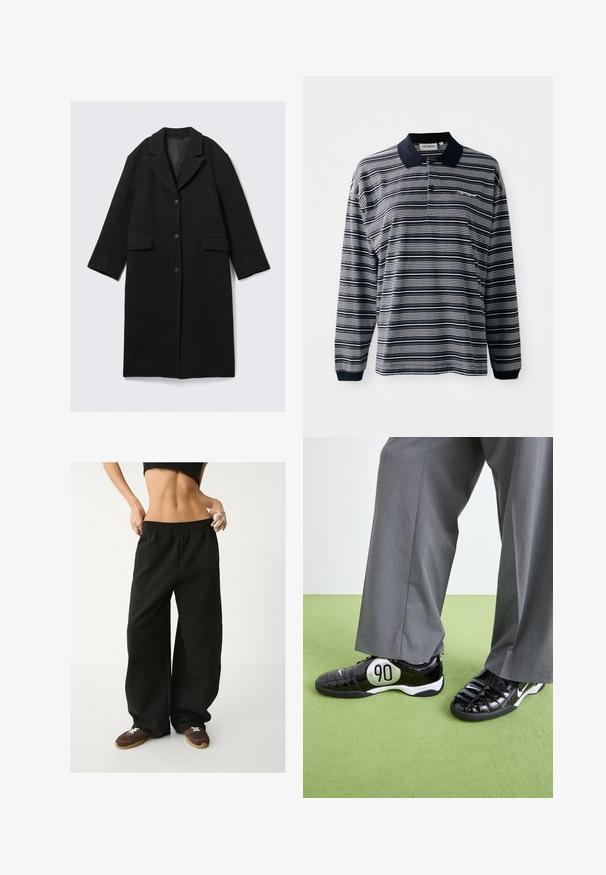 Cappotto di lana nera con colletto a punta, tre bottoni e due tasche frontali, caratterizzato da una silhouette dritta e maniche leggermente accorciate.; Polo a maniche lunghe a righe blu navy e bianche, in tessuto di cotone, con colletto, patta con tre bottoni e un piccolo logo ricamato sul petto.; Pantaloni sportivi neri a gamba larga con vita elasticizzata. Realizzati in tessuto morbido, presentano una vestibilità rilassata. Abbinati a sneakers marroni.; Sneakers in pelle verniciata nera con un dettaglio argentato "90", caratterizzati da una superficie testurizzata e un design con lacci, abbinati a pantaloni larghi grigi.