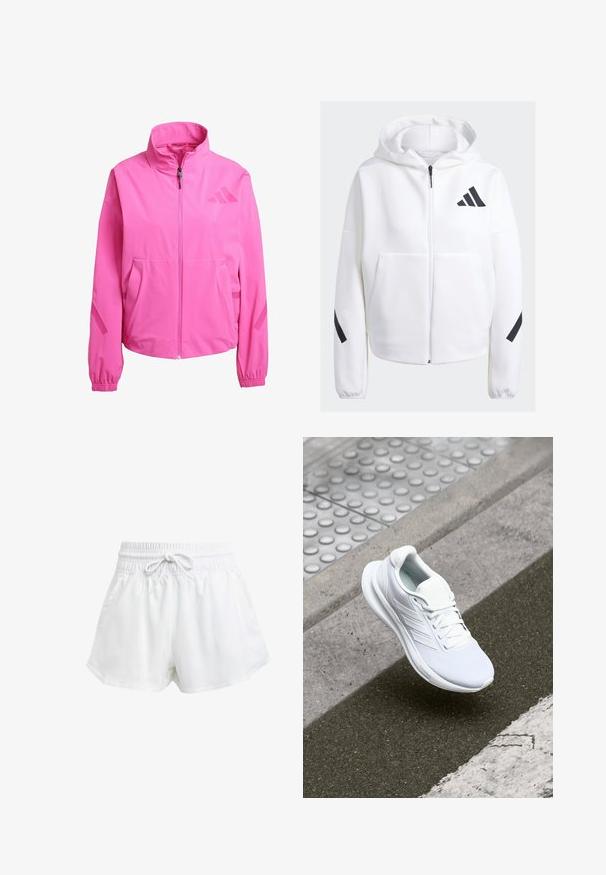 Pink windbreaker jacket with a high collar, front zipper, side pockets, and elastic cuffs. Features logo accents on upper chest and sleeves.; White zip-up hoodie with black accents, large front pockets, soft textured fabric, and a relaxed fit. Features a hood and brand logo on chest.; White athletic shirt with short sleeves, made of smooth, stretch fabric. Features a small black Adidas logo on the chest.; White athletic shorts with an elastic waistband and adjustable drawstring. Made from lightweight material, featuring side pockets and a loose fit.; White athletic shoe featuring a mesh upper, lace-up design, and textured sole. Subtle branding and seamless construction details visible.