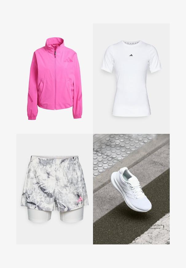 Rosa vindjacka med hög krage, frontdragkedja, sidofickor och elastiska ärmslut. Har logotypdetaljer på övre bröstet och ärmarna.; Vit idrottströja med korta ärmar, tillverkad i ett slätt, stretchigt material. Har en liten svart Adidas-logotyp på bröstet.; Shorts med ett grått och vitt abstrakt mönster, med elastisk midja, inre foder och en rosa logotypaccent på sidan.; Vitaid idrottssko med mesh-överdel, snörning och texturerad sula. Diskret branding och sömlösa konstruktionsdetaljer synliga.