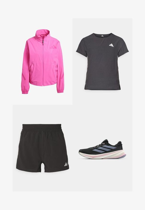 Ružová vetrovka s vysokým golierom, predným zipsom, bočnými vreckami a elastickými manžetami. Obsahuje logo na hornej časti hrudníka a na rukávoch.; Tričko s krátkym rukávom pre šport, tmavosivé s perforovanou textúrou. Obsahuje biele logo a kontrastné bočné pruhy. Okrúhly výstrih.; Čierne športové šortky vyrobené z ľahkého materiálu. Majú elastický pás, bočnú zipsovú kapsu a reflexné logo na dolnom okraji.; Čierna bežecká obuv s hornou časťou z sieťoviny, svetlofialovými akcentmi a tromi horizontálnymi sivými pruhmi. Vyššia podrážka zabezpečuje pohodlie.