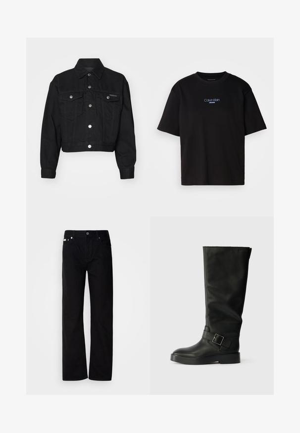 Zkrácená černá džínová bunda s špičatým límcem, stříbrnými knoflíky, náprsními kapsami a zesílenými švy.; Černé bavlněné tričko s kulatým výstřihem a krátkými rukávy, s modrou vyšitou nášivkou "Calvin Klein JEANS" na přední straně.; Černé džíny rovného střihu s pěti kapsami, stříbrnými nýty a zapínáním na knoflík. Látka má hladký, mírně texturovaný povrch.; Černé kozačky do výšky kolen vyrobené z hladké kůže, s kulatou špičkou, silnou podešev a vodorovným popruhem se čtvercovou sponou.