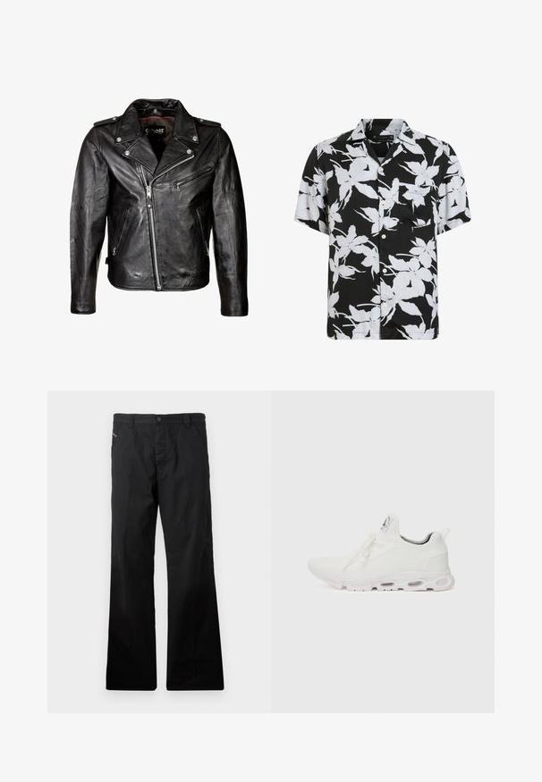 Must mustang nahkajope, millel on hõbedased tõmblukud, nööbid ja klassikaline krae. Omab mitmeid tõmblukuga taskuid ja kulunud tekstuuri.; Lühikeste varrukatega nööpidega särk mustast kangast, millel on suur valge lillemuster. Omab rinnataskut ja lõdva lõikega disaini.; Mustad mustrist, sirge jala püksid, millel on nupuga sulgemine. Omab küljetaskuid ja minimalistlikku disaini, ilma nähtavate mustrite või aktsentideta.; Valged sportijalatsid, millel on tekstuuriga kudum peal, lame paelad ja pehmendatud tallad nähtavate õhukambritega täiendava toe jaoks.