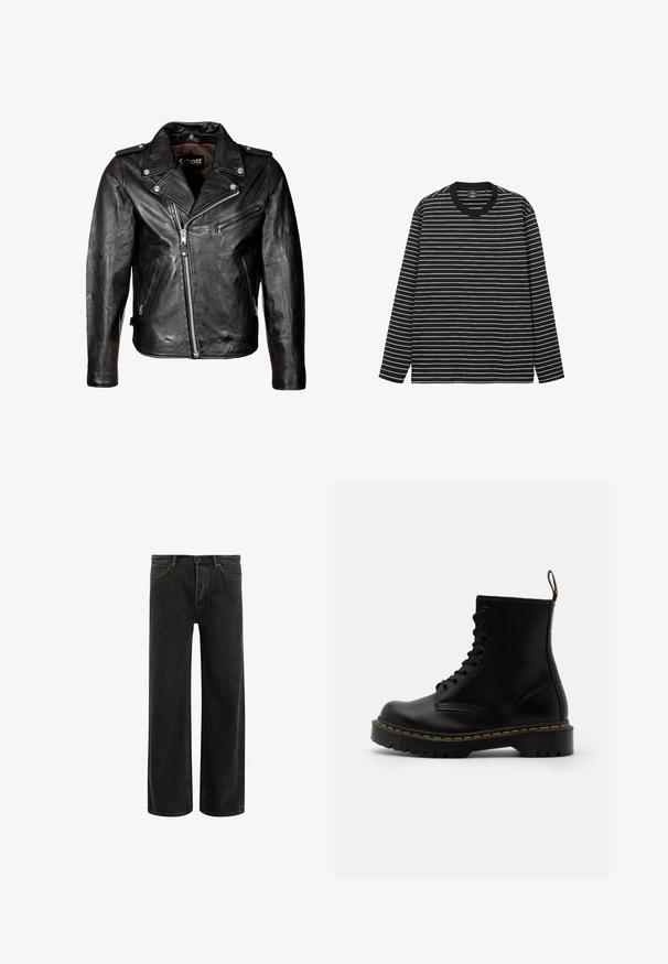 Sort lædermotorcykeljakke med sølvfarvede lynlåse, tryklåse og en klassisk krave. Har flere lynlåslommer og en slidt tekstur.; Langærmet t-shirt i sort og hvid stribe designet i blødt bomuldsstof. Har en rund halsudskæring og en kontrasterende sort ribbet krave.; Sorte denim bredde ben jeans med høj talje, med klassisk fem-lomme design og subtil falmning for et tekstureret udseende.; Sorte læder ankelstøvler med snørebånd foran, gul syning, en rund tå og en tyk, tekstureret gummisål.