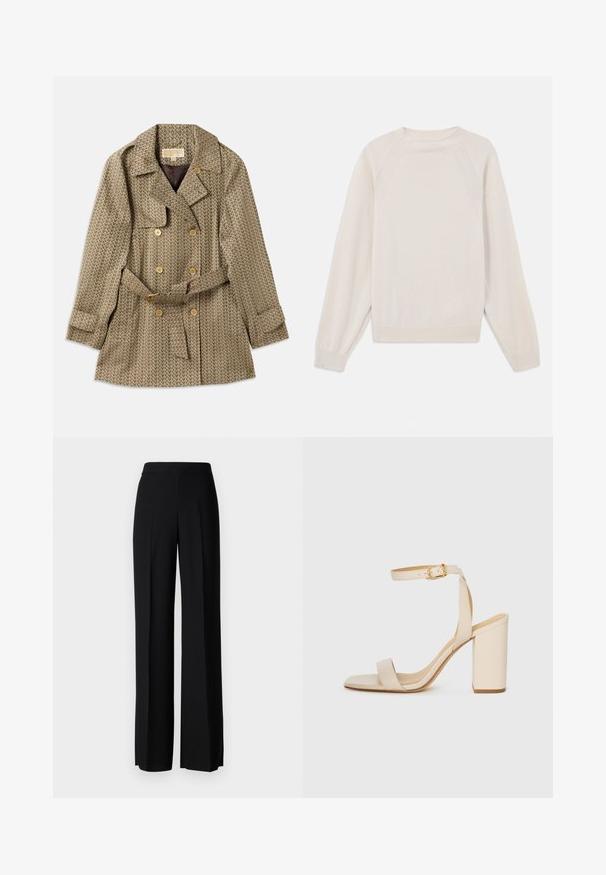 Casaco de duas fileiras em tecido bege com um padrão geométrico, apresentando botões dourados, uma cintura com cinto e colarinho com cortes.; Suéter claro feito de um tecido de malha suave. Apresenta um decote redondo, mangas longas e punhos e bainha canelados com um design de manga raglan.; Calças largas pretas com uma textura suave, apresentando uma cintura alta e pregas centrais. Sem padrões visíveis ou detalhes em metal.; Sandalha de salto alto bege com bico quadrado, tira fina no tornozelo e salto bloco. Textura de couro suave com detalhe de fivela dourada.