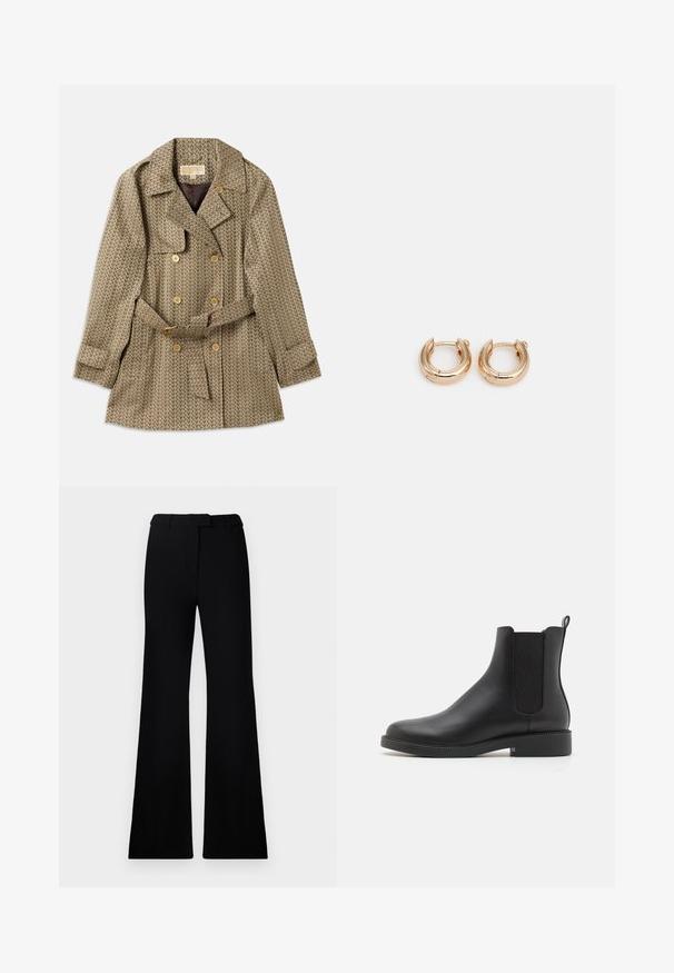 Palton cu două rânduri de nasturi dintr-un material bej cu un tipar geometric, având nasturi aurii, talie cu brâu și guler ascuțit.; Cămașă albă fără mâneci, cu decolteu rotund, fabricată dintr-un material moale. Designul prezintă o formă ajustată și o textură subtilă pe întreaga țesătură.; Pantaloni negri evazați, cu o textură netedă, talie ajustată și buzunare frontale, proiectați cu o siluetă modernă, elegantă.; Cizma de gleznă din piele neagră, cu panouri elastice pe laterale, bot rotunjit, toc mic pătrat și o bandă de întindere la spate pentru o purtare ușoară.; Cercei din aur cu un finisaj lustruit, având un design circular gros și un mecanism de închidere sigur. Textură netedă și aspect strălucitor.