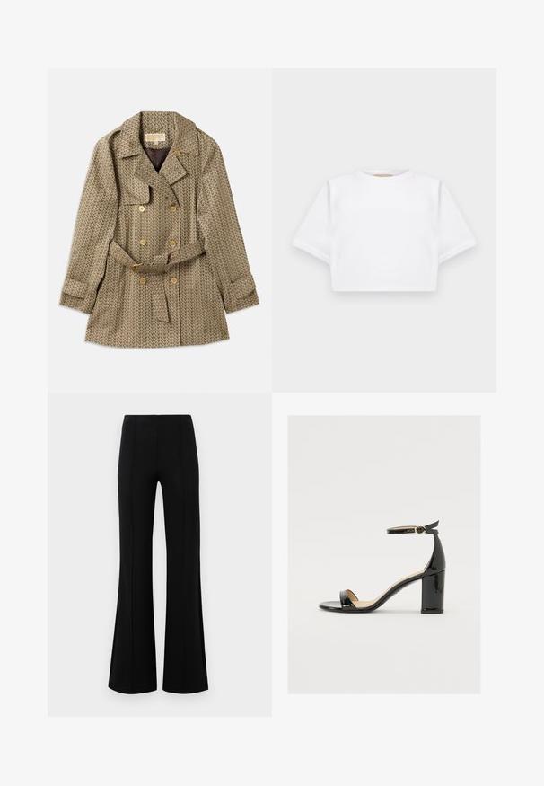 Wendejacke aus einem Tan-Stoff mit geometrischem Muster, ausgestattet mit goldenen Knöpfen, einem Gürtel in der Taille und einem gewellten Kragen.; Beschnittenes weißes T-Shirt aus weichem Stoff, mit kurzen Ärmeln, rundem Halsausschnitt und gerippten Saumdetails. Einfaches und schnörkelloses Design.; Schwarze Schlaghose mit hoher Taille, aus dehnbarem Material. Mit vertikalen Nahtdetails auf der Vorderseite und einer glatten Textur.; Schwarze Lackleder-Sandalette mit weitem Absatz, offener Zehenpartie und Knöchelriemen mit goldener Schnalle. Glatte Textur und elegantes Design.