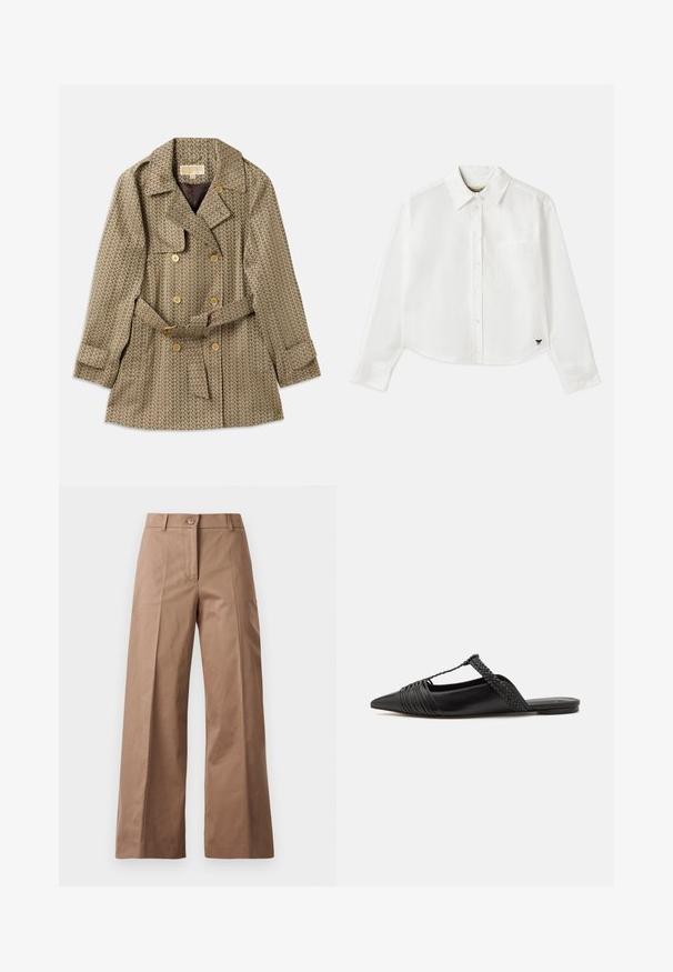 Kétgombos kabát bézs színű, geometrikus mintázattal, arany gombokkal, övvel ellátott derékkal és szélesített gallérral.; Fehér, rövidített hosszú ujjú, pamut ing. Gombos elülső résszel, mellzsebbel és egy kis fekete logóval a bal alsó részen.; Barna, bőszárú nadrág sima anyagból, elülső gombos zárással, két elülső zsebbel és tiszta, szabott vonalakkal.; Fekete bőr slingback cipő hegyes orral, szőtt díszítéssel és redőzött felső dizájnnal. Lapos talp minimális hardverrel.
