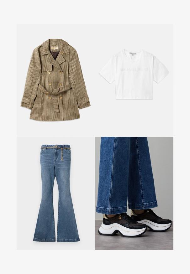 Dubbelgevoerde jas in een tan stof met een geometrisch patroon, voorzien van gouden knopen, een ceintuur rond de taille en een reverskraag.; Witte cropped T-shirt van katoen, met korte mouwen en het "MICHAEL KORS" logo in bijpassende geborduurde tekst over de voorkant.; Uitlopende blauwe spijkerbroek in een medium-wash denim, met een gouden kettingdetail bij de taille en een standaard vijf-pocket ontwerp.; Zwart-gouden sneakers met een gebogen witte zool. Gestructureerde stof met logodetails. Gecombineerd met brede blauwe spijkerbroek.