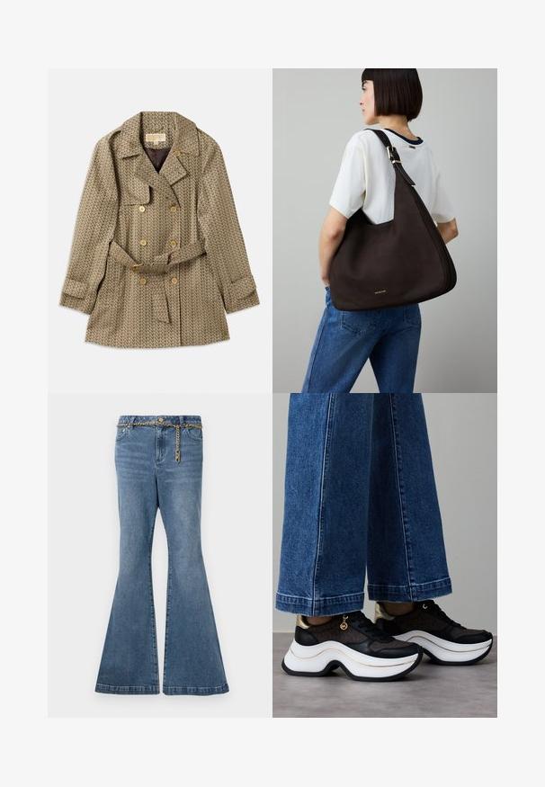 Wendejacke aus einem Tan-Stoff mit geometrischem Muster, ausgestattet mit goldenen Knöpfen, einem Gürtel in der Taille und einem gewellten Kragen.; Weißes, kurzes T-Shirt aus Baumwolle mit kurzen Ärmeln und dem aufgestickten "MICHAEL KORS"-Logo in passendem Schriftzug auf der Vorderseite.; Schlagjeans aus mitteldunkel gewaschenem Denim in Blau, mit einem goldenen Kettenakzent an der Taille und klassischem Fünf-Taschen-Design.; Schwarze und goldene Turnschuhe mit einer gewellten weißen Sohle. Texturiertes Gewebe mit Logo-Akzenten. Kombiniert mit weiten blauen Jeanshosen.; Dunkelbraune Ledertasche in dreieckiger Form, schlankem Design, goldenen Metallelementen und einem breiten Schulterriemen.