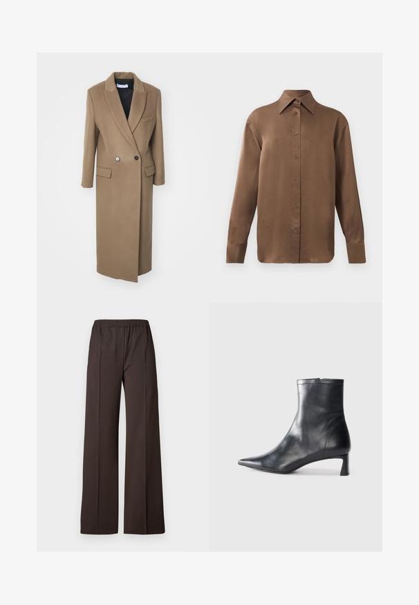 Iro CELESTA - Klasični plašč - khaki; Rjav dolg rokav s srajco s gumbi in koničastimi ovratniki in manšetami, prikazana na enostavni beli podlagi.; Hlače širokih nogavica iz temno rjave tkanine z elastičnim pasom, ki se ponašajo z gladko teksturo in čistimi linijami za elegantno podobo.; Črne usnjene gležnjarje s šiljastim nosom in elegantnim dizajnom. Imajo nizko peto in zadrgo na zadnji strani. Gladka tekstura.