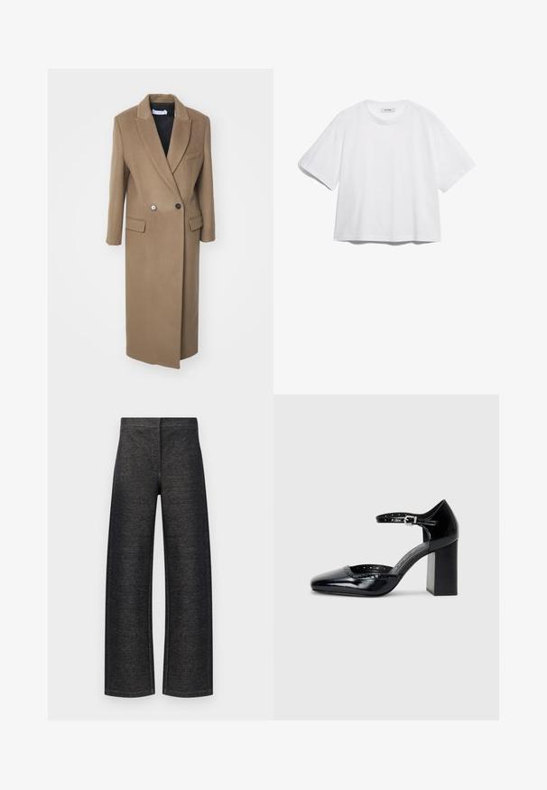 Iro CELESTA - Cappotto classico - khaki; T-shirt bianco in cotone con maniche corte, scollo rotondo, vestibilità rilassata e senza motivi o grafiche visibili. Texture liscia e design semplice.; Pantaloni a gamba larga in denim nero. Presentano una finitura testurizzata con una vita pulita e senza hardware o tasche visibili.; Scarpe col tacco alto in pelle verniciata nera con punta quadrata, cinturino alla caviglia e tacco chunky. Include dettagli perforati lungo il bordo.