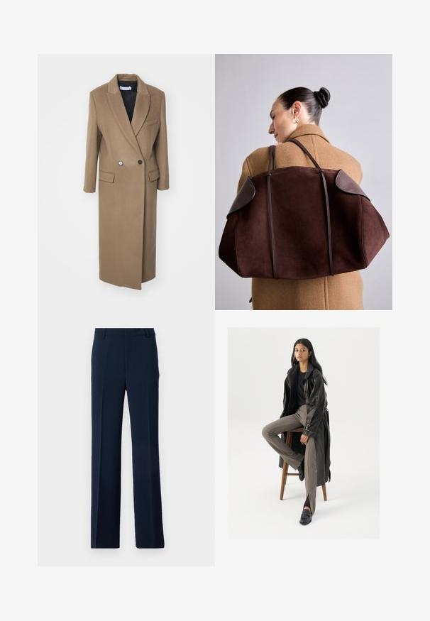 Iro CELESTA - Klassisk frakke - khaki; Hvid bomuld t-shirt med korte ærmer og rund halsudskæring. Har en afslappet pasform og et minimalistisk design uden mønstre eller accenter.; Mørkeblå bukser lavet af glat stof, med et lige ben design og frontfolder samt sidelommer for et skræddersyet look.; Sort læder trench coat med knapper og bælte detalje, parret med lysebrune tætsiddende bukser og sorte loafers, siddende på en træstol.; Brun ruskind håndtaske med mørke læderdetaljer, der har en struktureret form og to skulderstropper, båret over skulderen imod en beige frakke.