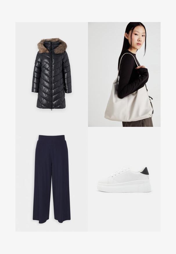 Crna puffer jakna s uzorkom u obliku chevrona, zatvaranje na patentni zatvarač i odvojiva kapuljača od umjetnog krzna. Dugi rukavi, sjajna tekstura, dizajn do koljena.; Bijela majica bez rukava s okruglim izrezom. Izrađena je od glatkog materijala, nudi opušteni kroj i minimalistički dizajn. Bez uzoraka ili ukrasa.; Hlače širokih nogavica od tamnoplavog materijala s reljefnom teksturom. Imaju glatki pojas i lepršavi siluet, dosežu do sredine potkoljenice.; Bijele platforme tenisice napravljene od glatkog sintetičkog materijala, s okruglim vrhom, dizajnom s vezanjem i teksturiranom gumenom potplatom. Crni detalj na peti.; Bežna torba od mekog materijala s opuštenim dizajnom, šivanim detaljima i dva remena za rame. Pogodna za svakodnevnu upotrebu.