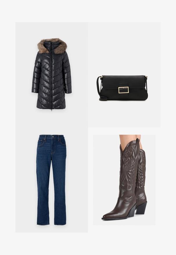 Čierna nafukovacia bunda s vzorom šípok, so zipsom a odnímateľnou umelou kožušinou na kapucni. Dlhé rukávy, lesklý povrch, dĺžka po kolená.; Biela bezrukávová tielko vyrobené z rebrovanej látky, s okrúhlym výstrihom a priliehavým strihom, s minimálnymi švami a bez ozdôb.; Tmavomodré džínsy s rovnými nohavicami, päť vrecový dizajn, oranžové prešitie a gombík na zapínanie v páse.; Hnedé kožené kovbojské topánky s špicatou špičkou a blokovým podrážkou, so zložitým prešívaním a vyvýšenými akcentmi na puzdre.; Čierna kožená clutch taška s klopou a zlatým kovovým detailom s prackou. Obsahuje čierny remienok a elegantný, minimalistický dizajn.