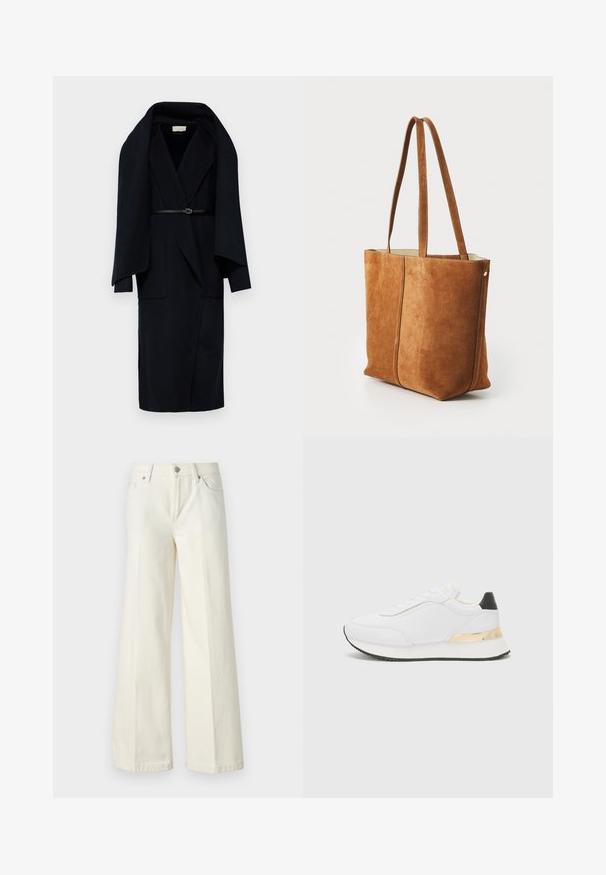 Vanessa Bruno VALERAN - Klassischer Mantel - marine; Helles blaues kurzärmliges Strickoberteil mit vertikaler Rippstruktur und Rundhalsausschnitt. Der Stoff zeigt dezente Details mit einem taillierten Saum.; Weite weiße Jeans aus einem Baumwollmischgewebe. Verfügt über einen Reißverschluss, ein Fünf-Taschen-Design und Nähte entlang der Säume.; Weißer Sneaker mit einer glatten Oberfläche, ausgestattet mit einem schwarzen Akzent an der Ferse und einem goldenen metallischen Detail an der Zwischensohle. Schnürdesign, gummierte Sohle.; Braune Wildleder-Tote mit zwei langen Griffen, einer glatten Textur und gesteppten Details, die über ein einfaches, strukturiertes Design verfügt.