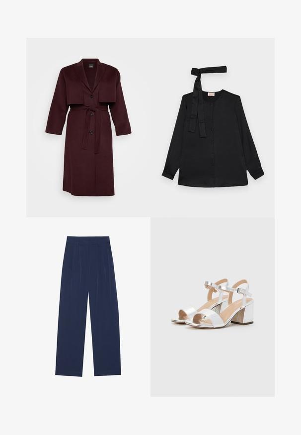 Bordo vilnos mišinio paltas su įpjovimais ant apykaklės, trumpa striukės apdaila, dviem mygtukais ir atitinkančiu diržu. Ilgos rankovės, vidutinio ilgio.; Juoda ilgomis rankovėmis palaidinė iš lygaus audinio, su sagų uždarymu priekyje ir rišimo detale kaklo srityje. Klasikinis apykaklė ir rankovės su užrašais.; Tamsiai mėlynos plačios kelnės, pagamintos iš minkštos medžiagos, su priekiniu raukiniu, lygiu paviršiumi ir tiesiu siluetu be matomų kišenių.; Sidabrinės aukštakulnės šlepetės su atviromis pirštinėmis, turinčios dvi plačias juostas ir suapvalintą bloko kulną. Lygus paviršius su metalizuotu apdaila.