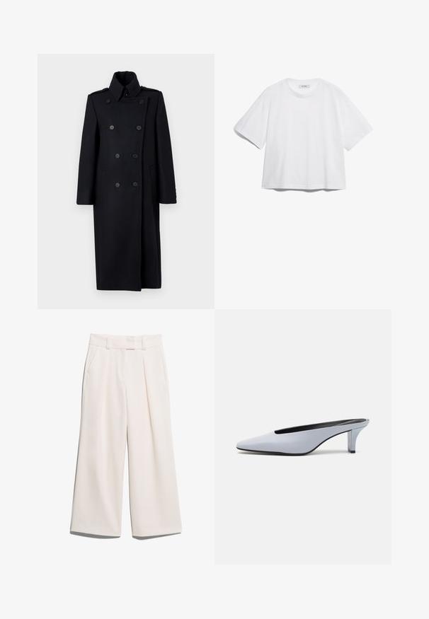 Sort dobbeltradet frakke med struktureret krave, der har to forlommer, dekorative knapper og en knælang design.; Hvid bomulds t-shirt med korte ærmer, rund halsudskæring, afslappet pasform og ingen synlige mønstre eller grafik. Glat tekstur og enkelt design.; Bredde bukser i en lys cremefarve, lavet af glat stof med to forlommer og synlige sømme på livbåndet.; Lys blå patentlæder mule med spids tå, lav gennemsigtig hæl og et elegant design med udskæring ved vamps.