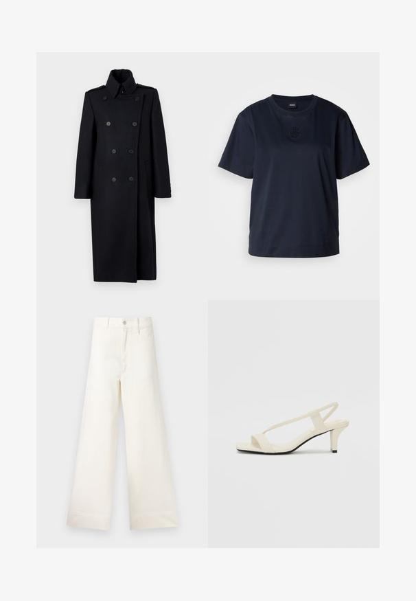 Sort dobbeltradet frakke med struktureret krave, der har to forlommer, dekorative knapper og en knælang design.; Marineblå kortærmet t-shirt lavet af blødt bomuld. Har en rund halsudskæring og et diskret broderet logo på brystet.; Bredde benbukser i lys beige bomuld. Har høj talje, for- og baglommer samt lige pasform. Renset kantafslutning uden mønstre.; Beige blokhælede sandaler med tynde remme og en firkantet tå. Glat materiale med minimal detaljering, designet til nem brug.