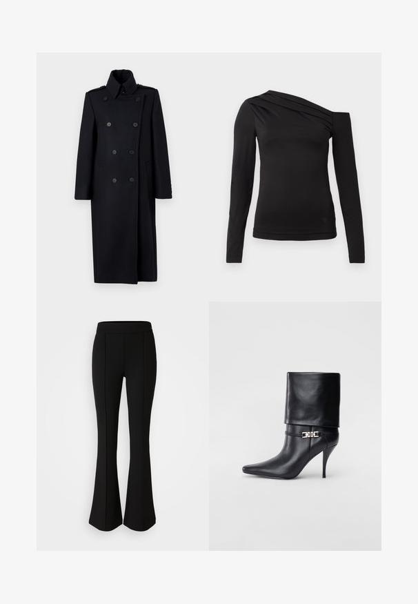 Cappotto nero doppiopetto con colletto strutturato, dotato di due tasche frontali, bottoni decorativi e design fino al ginocchio.; Top manica lunga nera con scollatura asimmetrica, caratterizzato da una spalla scoperta e delicate drappeggi sul petto.; Pantaloni neri a zampa d'elefante realizzati in un materiale elastico con una texture liscia, caratterizzati da dettagli delle cuciture lungo la parte anteriore per un tocco di design in più.; Stivale ankle in pelle nera con punta affusolata, alto tacco a stiletto, risvolto sulla caviglia e un elegante dettaglio in oro con fibbia decorativa.