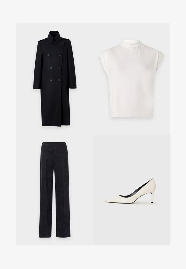 Sort dobbeltradet frakke med struktureret krave, der har to forlommer, dekorative knapper og en knælang design.; Hvid ærmeløs turtleneck top lavet af blødt stof, med en struktureret design, glat tekstur og diskret ribbet kantdetalje.; Dunklæderbukser i mørkegrå med lige ben-design, der har en struktureret ribbet overflade og en elastisk talje for komfort.; Hvide patenterede læder højhælede pumps med spidse tæer, slanke hæle og sort indvendig detaljering. Glat tekstur og elegant design.