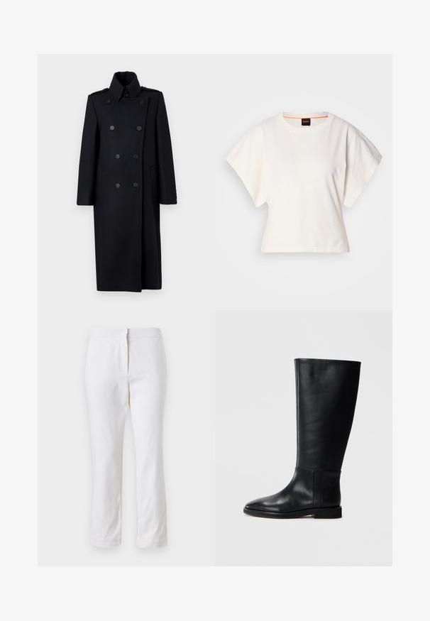 Abrigo negro de doble botonadura con un cuello estructurado, que cuenta con dos bolsillos frontales, botones decorativos y un diseño hasta la rodilla.; Camiseta blanca recortada, con mangas cortas y anchas, material de algodón suave, cuello redondo con un sutil ribete naranja, diseño minimalista, sin patrones ni gráficos.; Pantalones de algodón blancos con un diseño de pierna recta, que cuentan con una cintura de media altura y sin herrajes o patrones visibles. Textura suave en todo su recorrido.; Bota alta de cuero negro hasta la rodilla con punta redonda, textura suave, diseño minimalista y suela plana. Detalles de costura simples en el caña.
