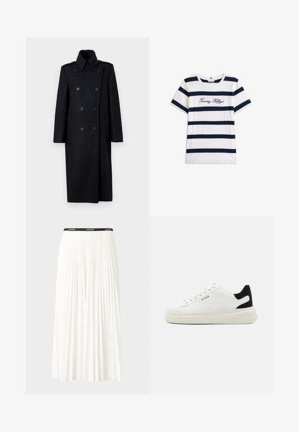 Zwarte dubbelzijdige jas met een gestructureerde kraag, uitgevoerd met twee voorzakken, decoratieve knopen en een knielange snit.; Katoenen T-shirt met horizontale marineblauwe strepen op een witte achtergrond. "Tommy Hilfiger" geborduurd in cursieve letters op de borst. Ronde hals.; Plisséminirok in het wit met een zwarte elastische tailleband met het "LACOSTE"-logo. Middellange ontwerp met een zachte textuur.; Witte leren sneakers met een dikke witte zool, zwarte suède hielaccent en een geperst logo op de zijkant. Vetersluiting met zes oogjes.