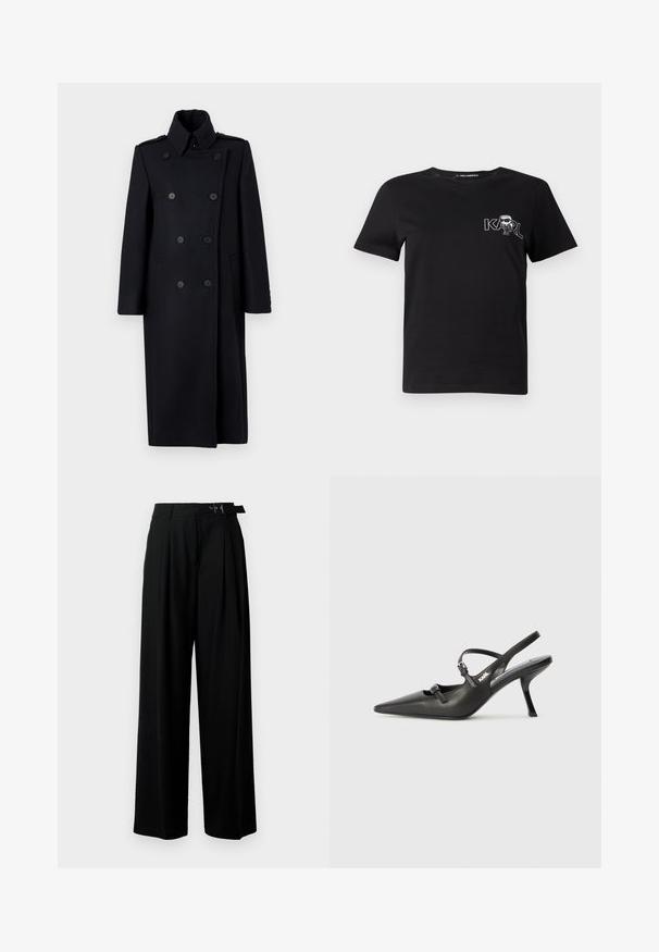 Cappotto nero doppiopetto con colletto strutturato, dotato di due tasche frontali, bottoni decorativi e design fino al ginocchio.; T-shirt nera a maniche corte in cotone. Presenta una grafica bianca con il testo "KARL" e una figura stilizzata sul petto. Collo rotondo.; Pantaloni neri a gamba larga con vita alta, pieghe nella parte anteriore e una cintura con fibbia. Realizzati in tessuto liscio e leggero.; Scarpe slingback nere in pelle con punta affilata, tacco sottile e dettaglio decorativo a fibbia sulla tomaia. Texture liscia e design elegante.