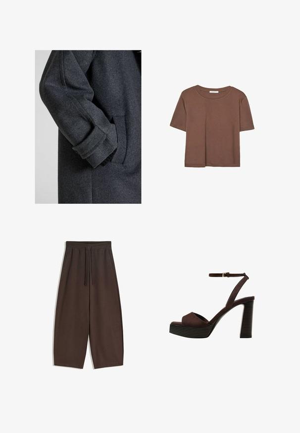 Mörkgrå ullkappa med en figursydd silhuett, synliga manschetter och sidofickdetalj. Mjuk textur och strukturerad design.; Brun kortärmad t-shirt i mjukt tyg, med rund halsringning och avslappnad passform. Inga synliga mönster eller detaljer.; Bruna vida byxor av mjukt tyg, med elastisk midja och dragsko, med slät textur och ren design.; Bruna mocka högklackade sandaler med öppen tå, justerbar vristrem och en randig plattformssula.