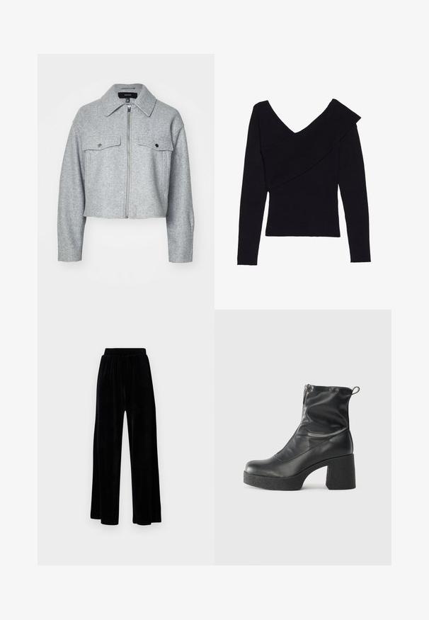 Gekürzte graue Jacke aus weichem Stoff, mit einem Reißverschluss vorne, zwei Brusttaschen mit Druckknopfverschlüssen und einem spitzen Kragen.; Even&Odd Strickpullover - black; Schwarze weit geschnittene Hose aus weichem Samt, mit einem elastischen Bund und einer glatten Textur, ohne sichtbare Details oder Muster.; Schwarze Stiefeletten aus glattem Leder mit seitlichem Reißverschluss, klobigem strukturiertem Absatz und runder Zehenform.