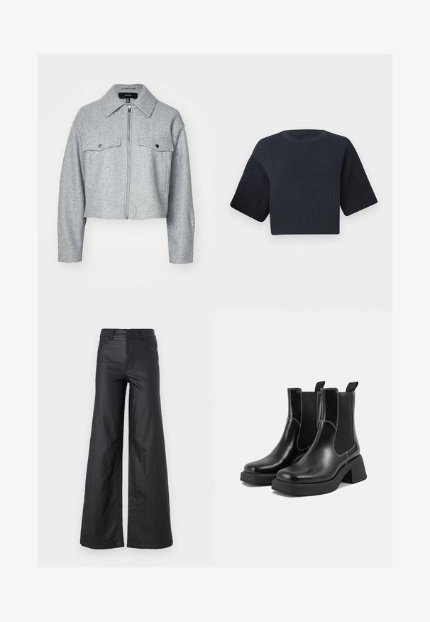 Lühendatud hall jakk pehmest kangast, mis on varustatud ees oleva lukuga, kahe klõpsuga rinna taskuga ja terava kraega.; Tume mere värvitud lühike kudumipee, millel on soonikkoes tekstuur, lühikesed laiad varrukad ja ümmargune kaelus. Lihtne disain, nähtavaid mustreid ega aktsente pole.; Mustad, laiad püksid kunstnahast. Omab kõrget vööd, vöökotte, kahte esipoolset taskut ja õmmeldud detaile.; Must musta Chelsea saapad, millel on paks konts, elastsed külgpaneelid ja kontrastne valge õmblus. Tekstuuriga viimistlus.