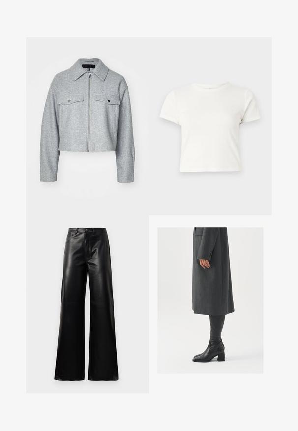 Rövidített szürke dzseki, puha anyagból készült, elöl cipzárral, két mellzsebbel, amelyek patentos záródásúak, és hegyes gallérral rendelkezik.; Rövid, fehér, pamut póló, rövid ujjakkal, kerek kivágással és egyenes szegéllyel, sima textúrával és letisztult dizájnnal.; Fekete, magas derekú, széles lábú, műbőr nadrág elülső gombbal, cipzárral, övbújtatókkal és oldalsó zsebekkel, fehér háttérrel.; Szürke, szabott overál, egyenes vonallal; térd fölé érő fekete bőrcsizmákkal párosítva, négyzetes orral és vastag sarokkal.