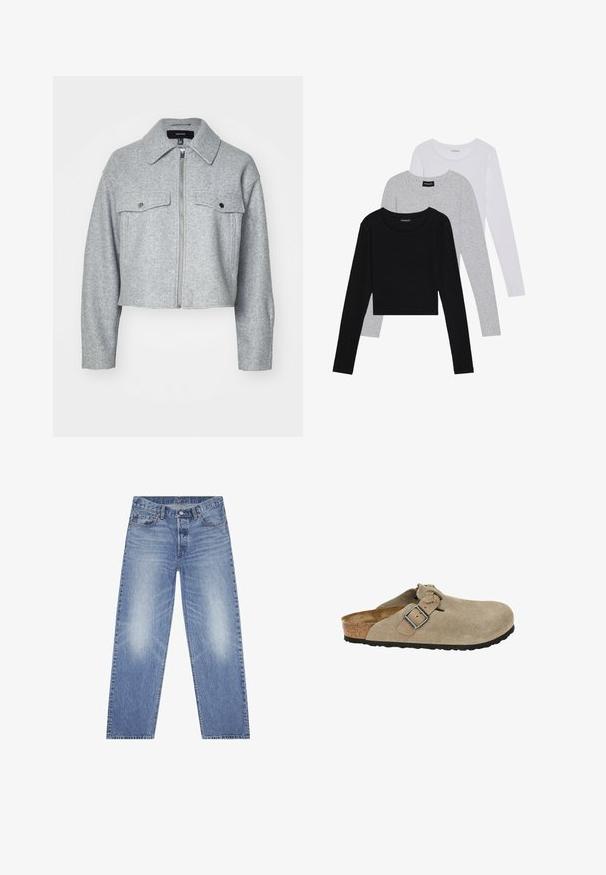 Jachetă gri scurtă, realizată dintr-un material moale, cu un fermoar frontal, două buzunare pe piept cu capace cu clips și o guler în v.; Trei bluze cu mânecă lungă așezate: neagră, gri și albă. Fiecare are un guler rotund și un design scurt, realizat dintr-un material fin și ușor.; Jeans din denim de culoare bleu deschis, cu croială dreaptă, design cu cinci buzunare și ușoară estompare vizibilă pe coapse. Au psiță cu buton și bucle pentru curea.; Cloșuri din suede bej, cu vârf rotunjit, curea ajustabilă și cataramă, talpă intermediară din plută și talpă din cauciuc negru texturat pentru aderență.