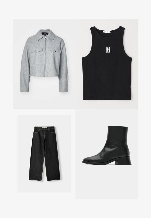 Skračená sivá bunda z mäkkého materiálu, s predným zipsom, dvoma náprsnými vreckami so zapínaním na cvoky a s eventualizovaným golierom.; Čierny rebrový tielko s okrúhlym výstrihom a vyšitým logom v bielej farbe. Materiál má hladkú textúru a priliehajúci strih.; Čierne denimové nohavice s širokými nohavicami, ktoré majú päť vreciek, kovový gombík a zips na zapínanie, a kontrastné žlté švy pozdĺž švov.; Čierne členkové topánky vyrobené z lesklej kože, s elegantným dizajnom, špicatou špičkou a stredne vysokým blokovým podpätkom pre stabilitu.