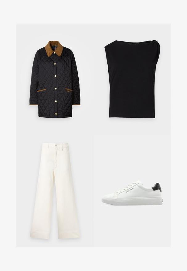 Casaco acolchoado preto com colarinho em corduroy castanho, botões dourados e acabamentos contrastantes, apresentando dois bolsos frontais e uma marcação subtil.; Top preto de manga curta feito de tecido suave. Apresenta um decote redondo e detalhe drapeado no ombro. Design simples e ajustado.; Calças largas em algodão bege claro. Apresentam uma cintura alta, bolsos frontais e um corte reto. Acabamento de bainha limpo, sem padrões.; Sapatilha branca com acabamento liso, detalhe preto no calcanhar e design com atacadores. Apresenta a marca "Calvin Klein" na lateral. Estilo minimalista.