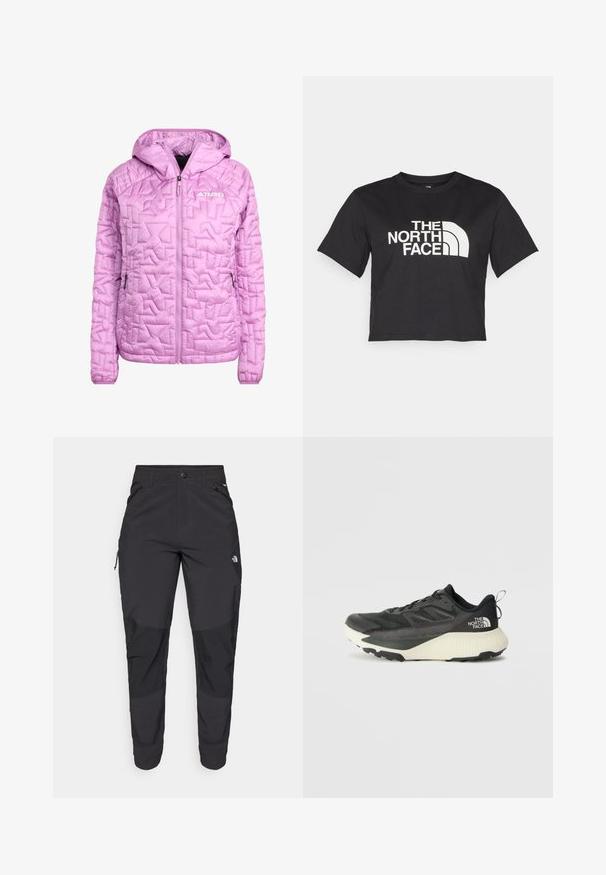 Chaqueta aislante de color rosa claro con capucha, con textura de acolchado en diamante, cremallera frontal completa y dos bolsillos laterales. Logo de Terrex visible.; Camiseta negra corta hecha de algodón, con un logo blanco con acentos curvados y el texto "THE NORTH FACE" en el frente. Mangas cortas, cuello redondo.; Pantalones exteriores negros hechos de tela duradera. Cuentan con bolsillos con cremallera, refuerzos en las rodillas y un diseño de corte recto para mayor movilidad.; Zapatilla deportiva negra con parte superior texturizada, que presenta acentos grises y una entresuela blanca. Incluye una lengüeta y un logotipo de la marca destacado en el talón.