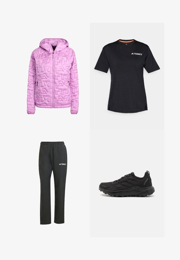 Light pink insulated jacket with a hood, featured with diamond quilted texture, full front zipper, and two side pockets. Terrex logo displayed.; Black short-sleeve T-shirt with round neckline, featuring a subtle heather texture and white "TERREX" logo on the upper left side.; Black lightweight pants with an elastic waistband. Features a subtle “TERREX” logo in white. Smooth fabric and straight-leg design.; Black athletic shoes featuring a textured synthetic upper, lace closure, thick rubber sole, and discreet logo accents on the side and heel.