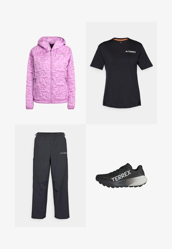 Helles rosa isoliertes Jacket mit Kapuze, ausgestattet mit einem Rautenmuster, durchgehendem Reißverschluss und zwei Seitentaschen. Terrex-Logo angebracht.; Schwarzes Kurzarm-T-Shirt mit Rundhalsausschnitt, das eine dezente melierte Textur aufweist und ein weißes "TERREX"-Logo auf der oberen linken Seite hat.; Schwarze, leichte Outdoor-Hosen mit elastischem Bund, Seitentaschen und einem Logo am oberen rechten Bein. Glattes, wasserabweisendes Material.; Schwarzer Laufschuh mit strukturiertem Obermaterial, auffälligem weißen "TERREX"-Logo, konischer Sohlenform und einem Farbverlauf in Grau an der Ferse.