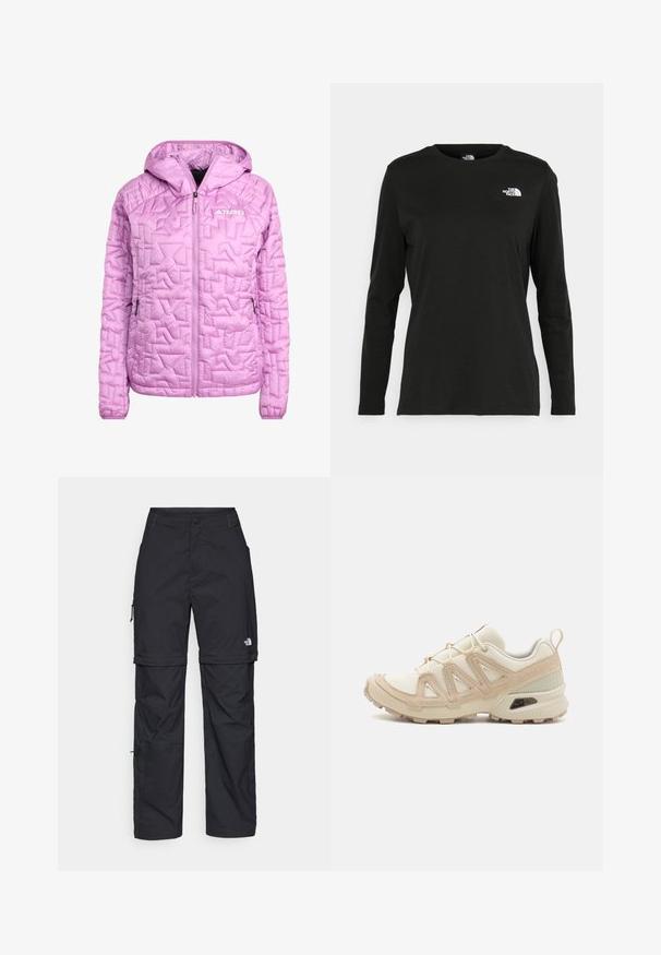 Lyserød isoleret jakke med hætte, prydet med diamantquiltet tekstur, fuld frontlynlås og to sidelommer. Terrex-logo vist.; Sort langærmet t-shirt lavet af bomuld med rund hals. Har et lille hvidt logo på venstre brystområde. Enkel design og pasform.; Sorte nylon cargo bukser med lynlås, justerbare manchetter, flere lommer og et logo på højre ben. Glat, let tekstur.; Beige og creme atletiksko med struktureret mesh-overdel, støttende overlays og gummiyderside med et mønster for trækkraft.