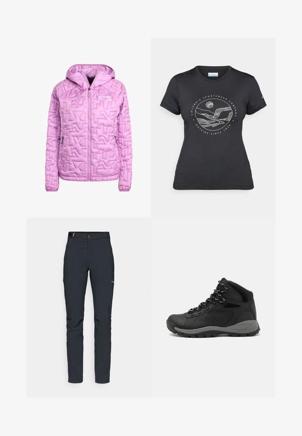 Giacca isolante rosa chiaro con cappuccio, caratterizzata da una texture a diamante trapuntata, zip frontale completa e due tasche laterali. Logo Terrex visibile.; Maglietta nera Columbia con arte lineare bianca di una montagna circolare e un fiume, e il testo "Columbia Sportswear Company Outside Since 1938."; Pantaloni da uomo per attività all'aperto, grigio scuro, realizzati in materiale elastico, dotati di cintura, tasche con zip e cuciture rinforzate.; Stivale da trekking nero con design a metà altezza, dotato di una tomaia texturizzata, accenti grigi e suola in gomma resistente con tasselli per la trazione.