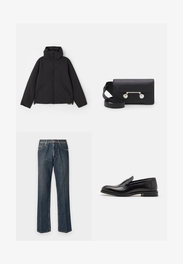 Schwarze gesteppte Jacke mit Kapuze, ausgestattet mit einem Reißverschluss vorne, seitlichen Taschen und einer glatten Textur. Das Design enthält wellenartige Muster.; Tiefblaue kurzärmelige T-Shirt mit weißem Text "neanche per sogno" zentriert auf der Brust, Rundhalsausschnitt, Größe M.; Dunkelblaue, gerade Jeans aus Denim mit vorderem Knopf, Reißverschluss, doppelten vorderen Taschen und sichtbaren vertikalen Falten entlang der Beine.; Schwarze Lederloafers mit glatter Textur, rundem Zehenbereich und einem dekorativen Riemen über dem Vorderfuß. Niedriger, gestapelter Absatz, minimalistisches Design.; Schwarze Leder-Umhängetasche mit Klappenverschluss, silberfarbener Hardware und zwei runden Akzenten. Verfügt über einen abnehmbaren Schulterriemen. Glatte Textur.
